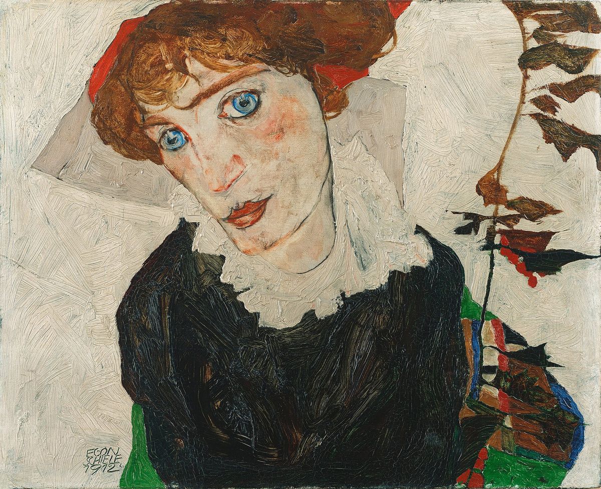 A portrait of a young woman with auburn hair and large blue eyes in a dark high-collared garment, against a pale ground.