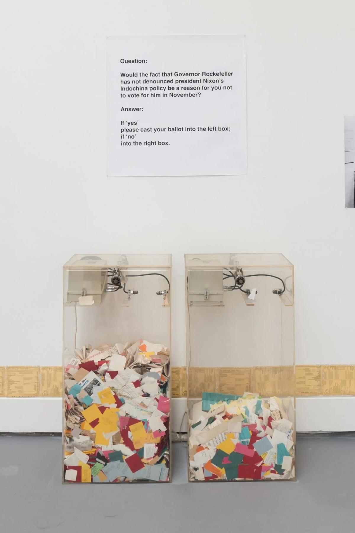 Hans Haacke's 1970 'MoMA Poll' exemplifies early Institutional Critique, directly exposing political and economic networks by asking museum-goers about their voting intentions, creating essential productive friction.