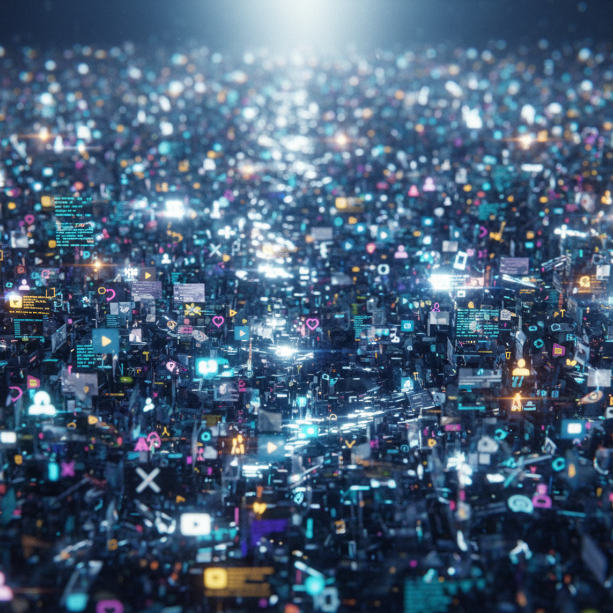 A dense field of glowing blue and white icons and interface fragments receding into the distance like a city seen from above at night.