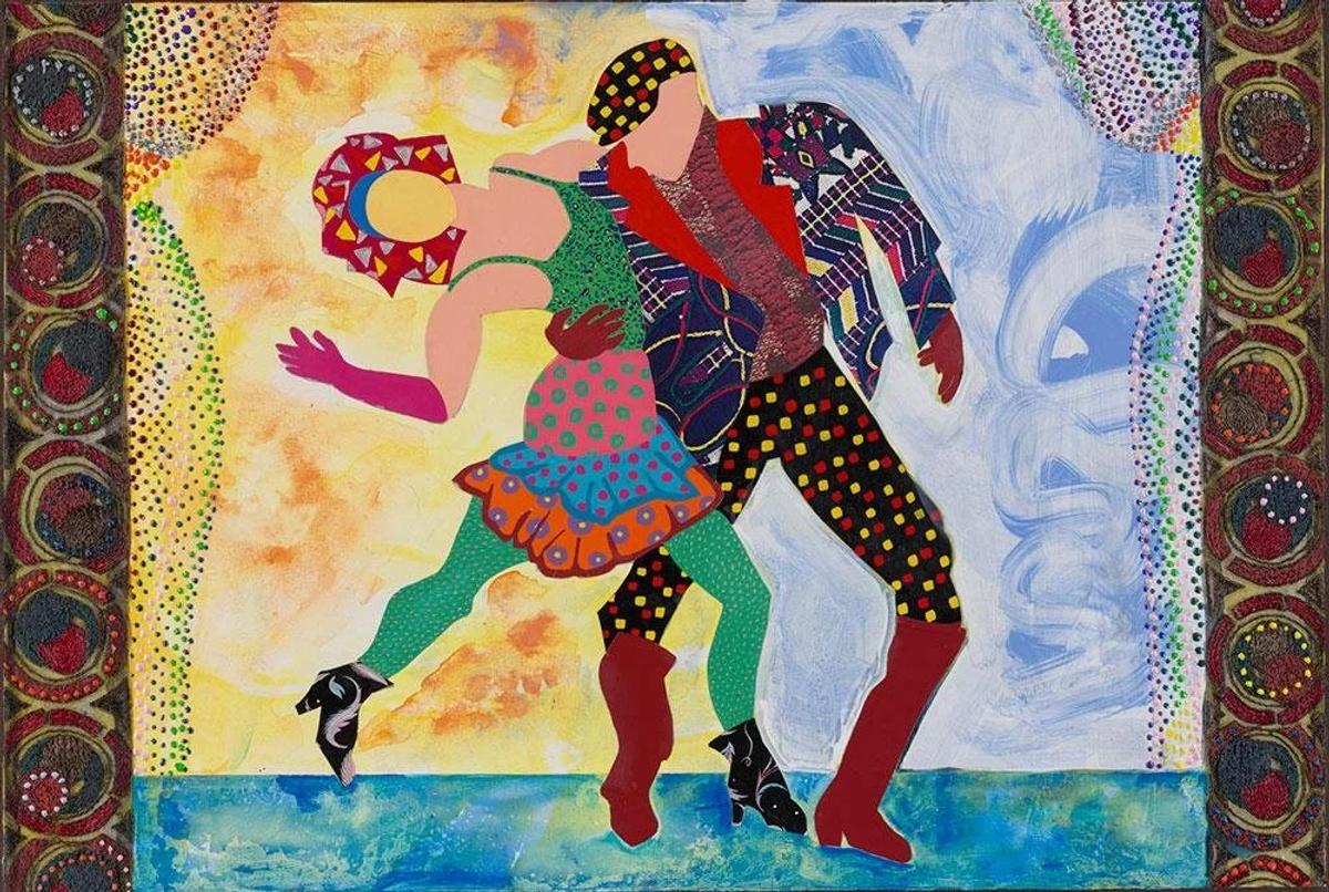 A painting of two dancing figures in brightly patterned costume against a yellow and blue ground, framed by a dotted decorative border.