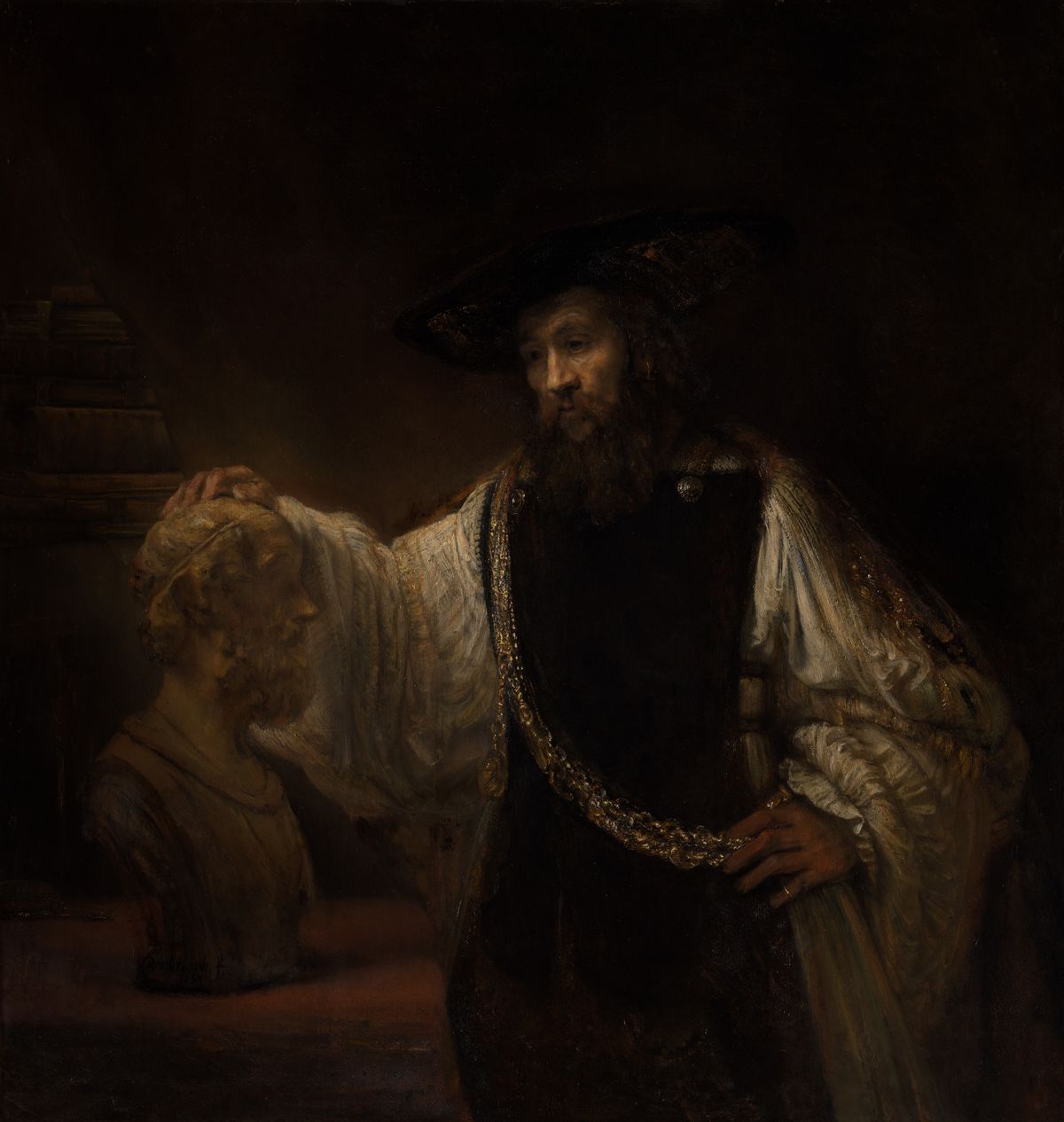 Rembrandt's painting Aristotle with a Bust of Homer, 1653, oil on canvas, Metropolitan Museum of Art, showing a philosopher in gold-trimmed robes contemplating a marble bust of the ancient poet.