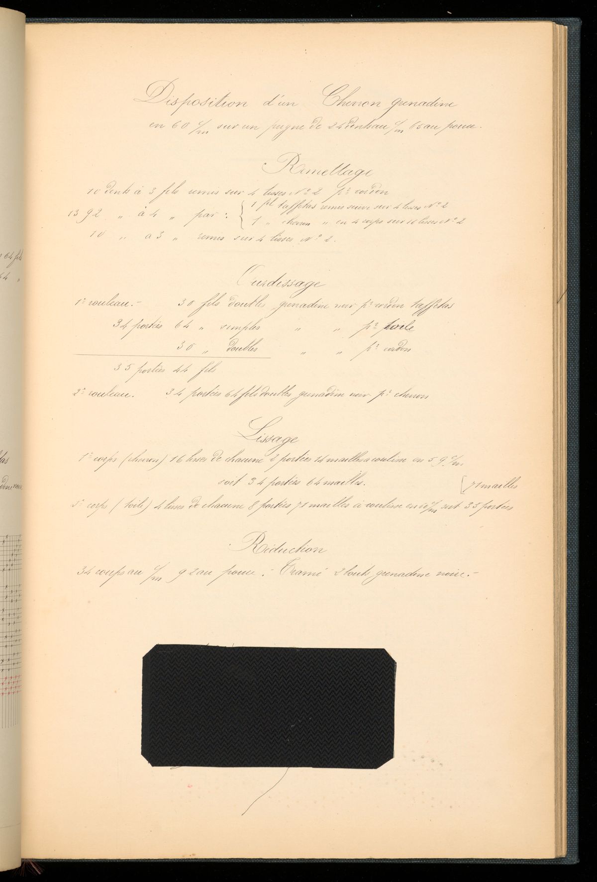 A page from an 1895 notebook, hand-written notes and ruled weave diagrams beside mounted silk samples.