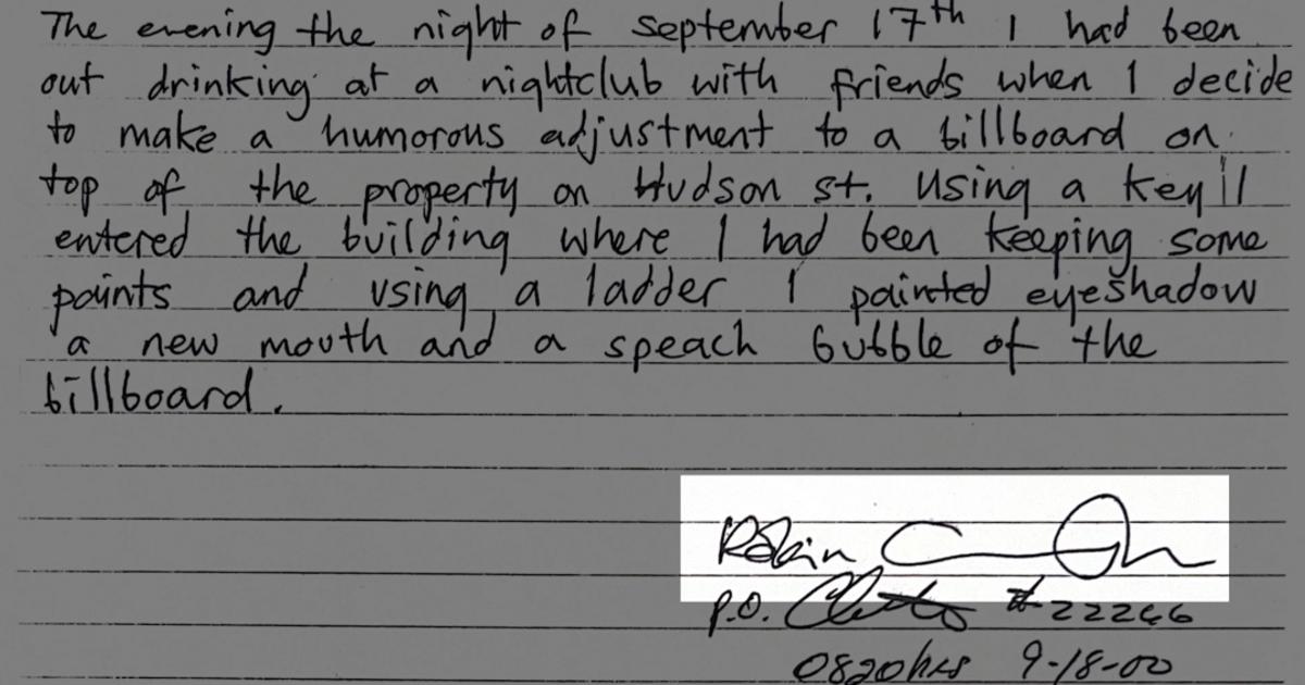 A handwritten statement on lined paper describing a night out and painting an adjustment onto a billboard on Hudson Street, with a signature and the date 9 18 00 at the foot.