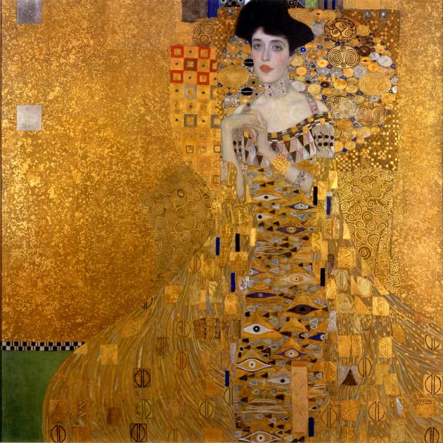 Gustav Klimt's Portrait of Adele Bloch-Bauer I, a seated woman in a gold patterned gown against a gold ground.