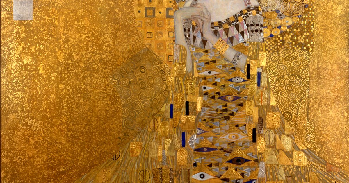Gustav Klimt's Portrait of Adele Bloch-Bauer I, a seated woman in a gold patterned gown against a gold ground.