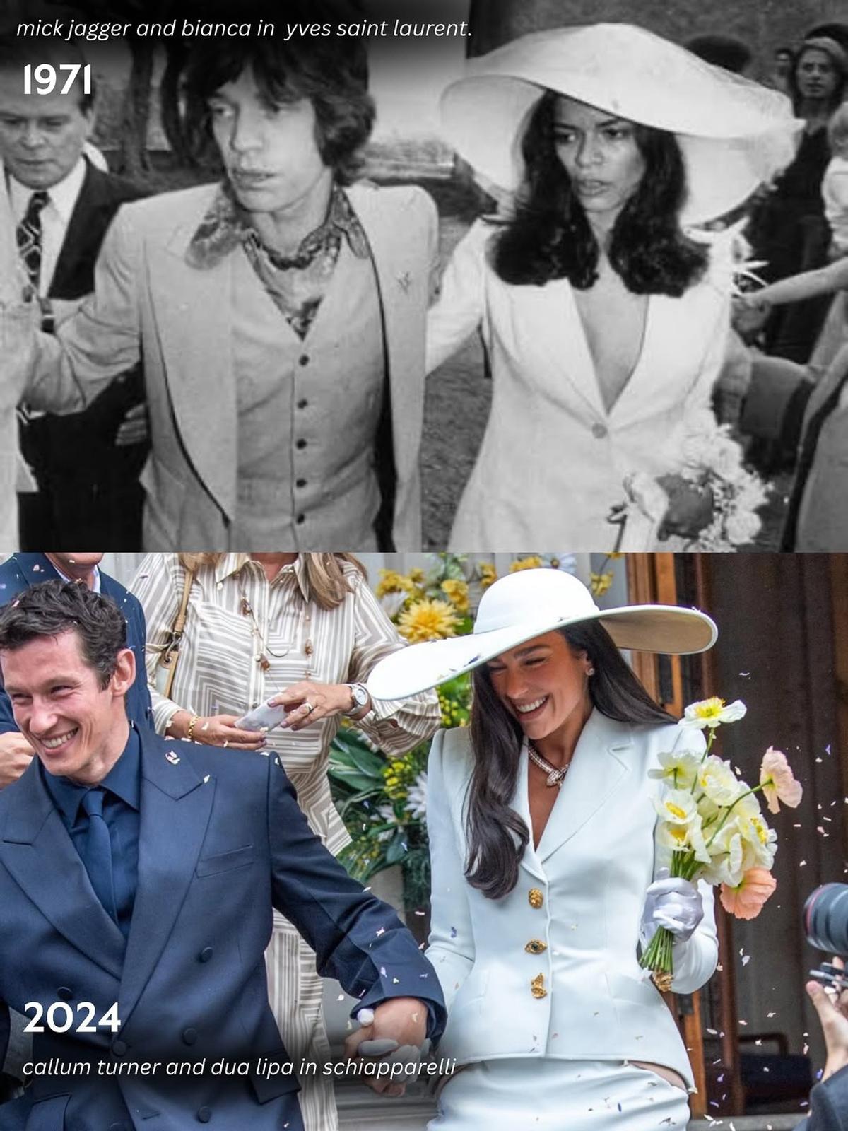 The Lipa/Schiaparelli look (2026) juxtaposed with the Jagger/YSL archive (1971). Rather than a standard tribute, this rapid media alignment creates a self-referential image loop that exemplifies the Zero-Sum Aura operation.