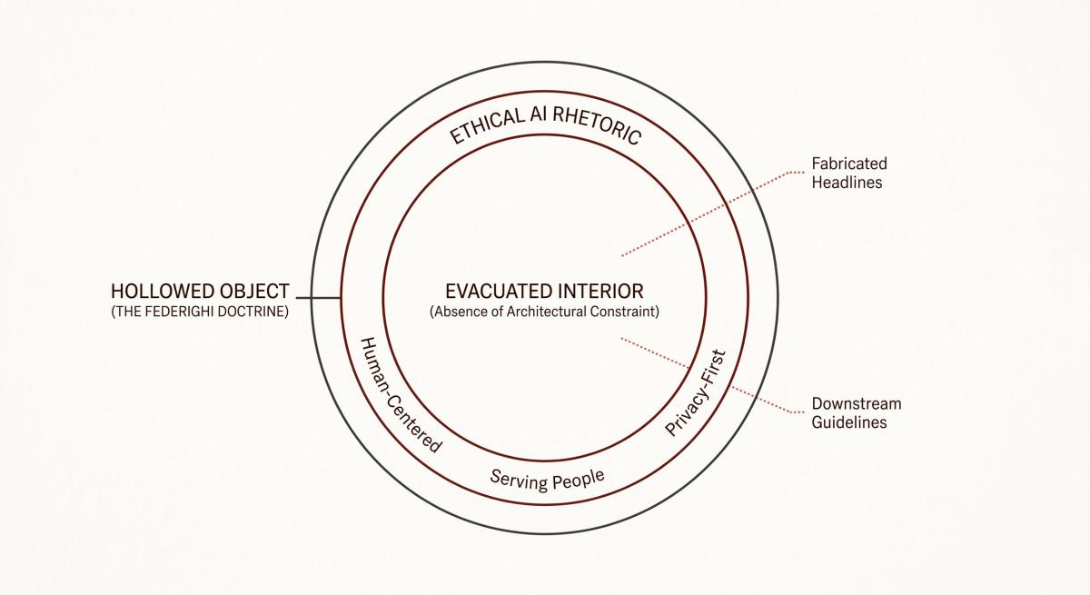 Visualizing the Hollowed Object: The structural tension between a pristine outer shell of ethical vocabulary and an evacuated interior lacking native architectural constraints.