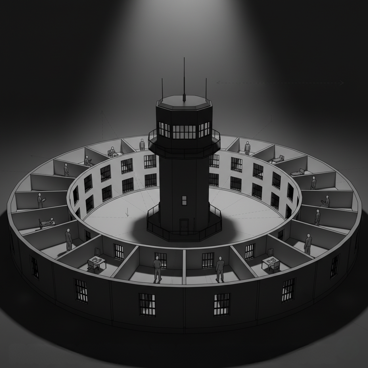A grey rendering of a circular prison, cells ranged around the inner wall of a drum with a tall watchtower rising at the centre.