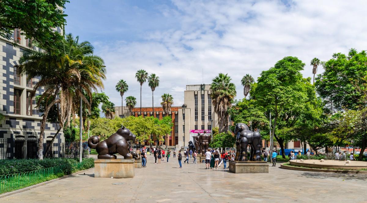Plaza Botero in Medellin, Colombia, showing multiple monumental bronze sculptures donated by Fernando Botero to his home city in 2000