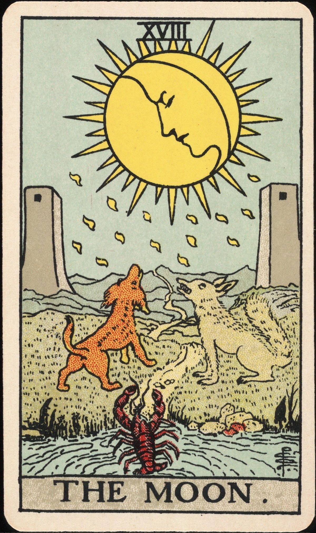 The Moon card from the Rider-Waite-Smith tarot deck, 1909, painted by Pamela Colman Smith, Yale University copy