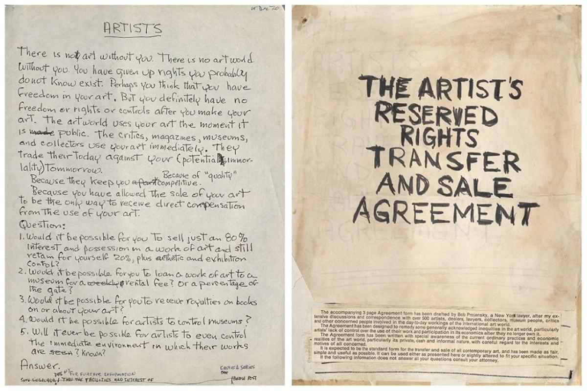 Two pages of a typed and handwritten document headed The Artist's Reserved Rights Transfer and Sale Agreement, the paper aged and creased.