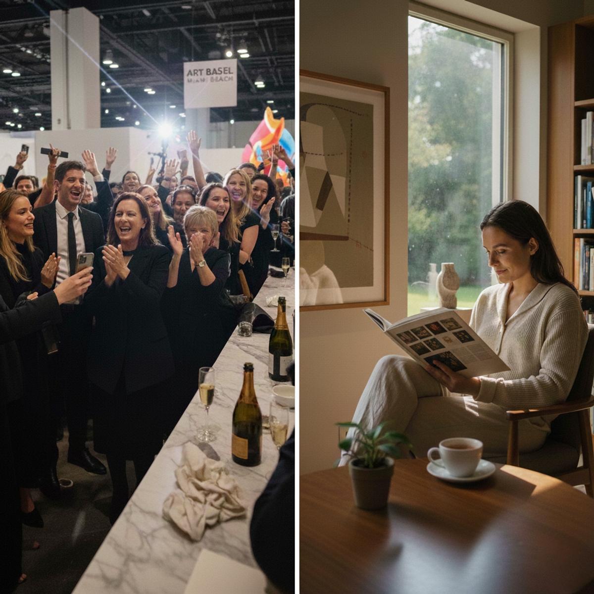 A two panel image: a crowd applauding and filming at an art fair beneath an Art Basel sign, and a woman reading a catalogue alone in a quiet room.