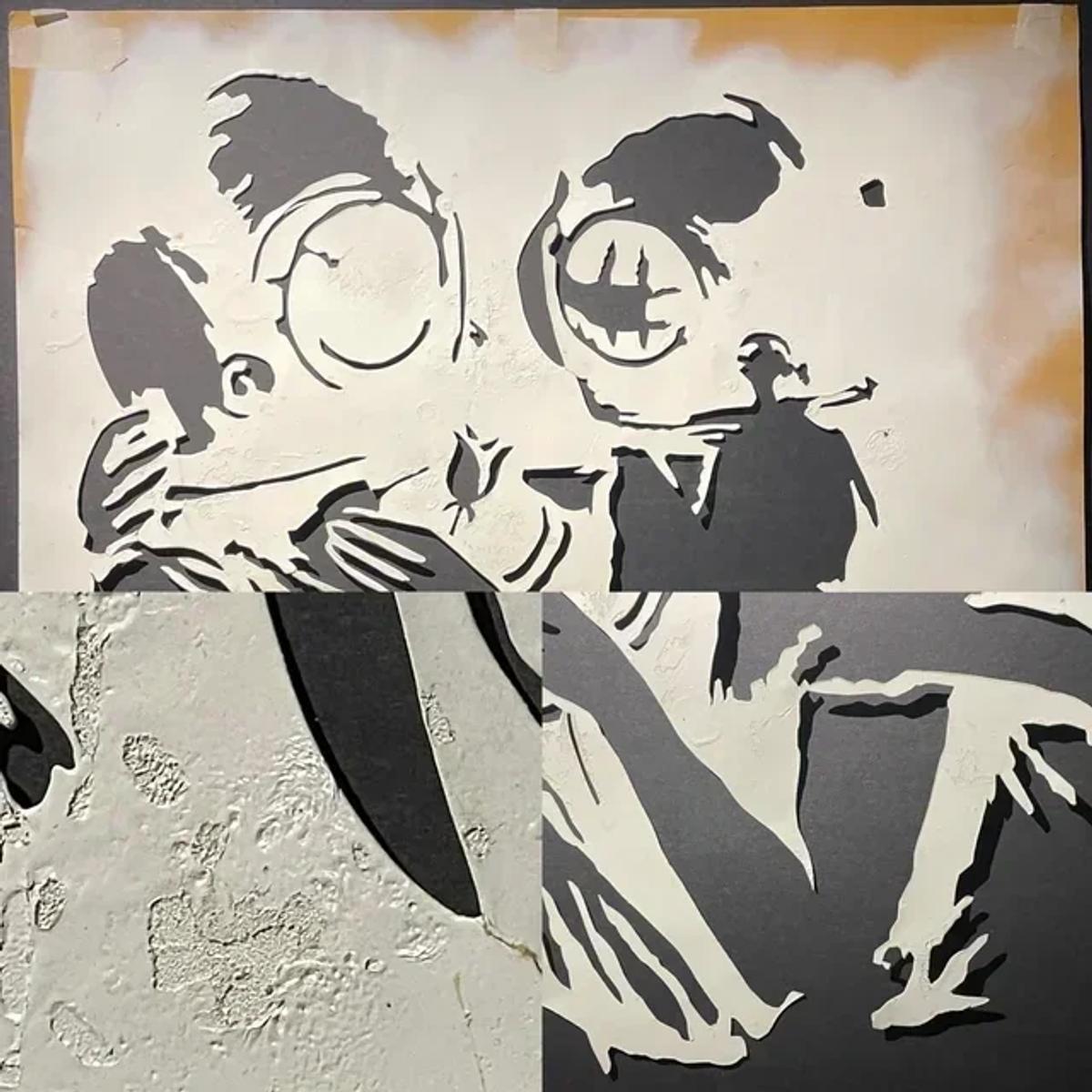A composite of four stencil works: two large heads in goggles facing each other, and below them cast relief panels of pale limbs against dark grounds.