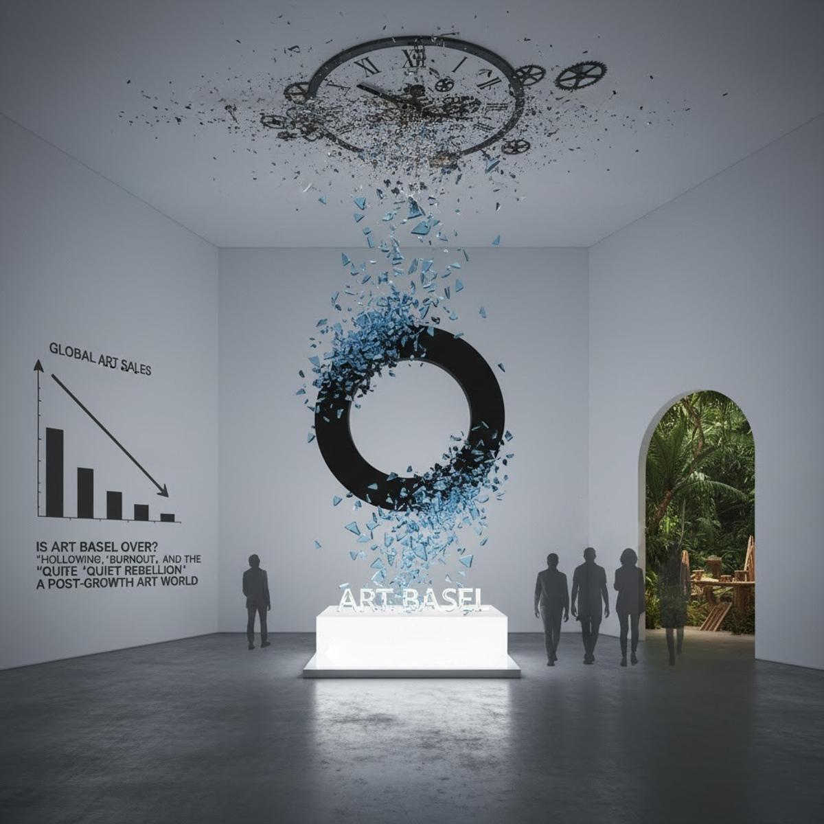 A grey exhibition room with a dark ring sculpture dissolving into fragments on the wall, a clock breaking apart above it and a small declining bar chart printed beside the door.