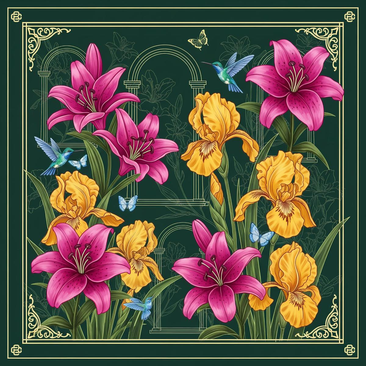 A printed silk scarf design on a dark green ground, with large pink lilies and yellow irises framed by a gold border, hummingbirds and butterflies among the flowers.