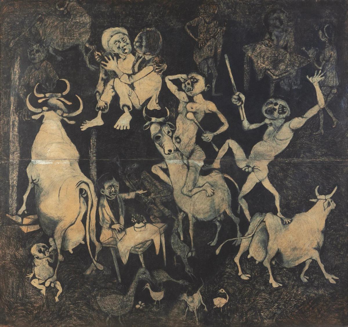 A large dark drawing crowded with distorted human and cattle figures struggling together, worked in ochre and black.