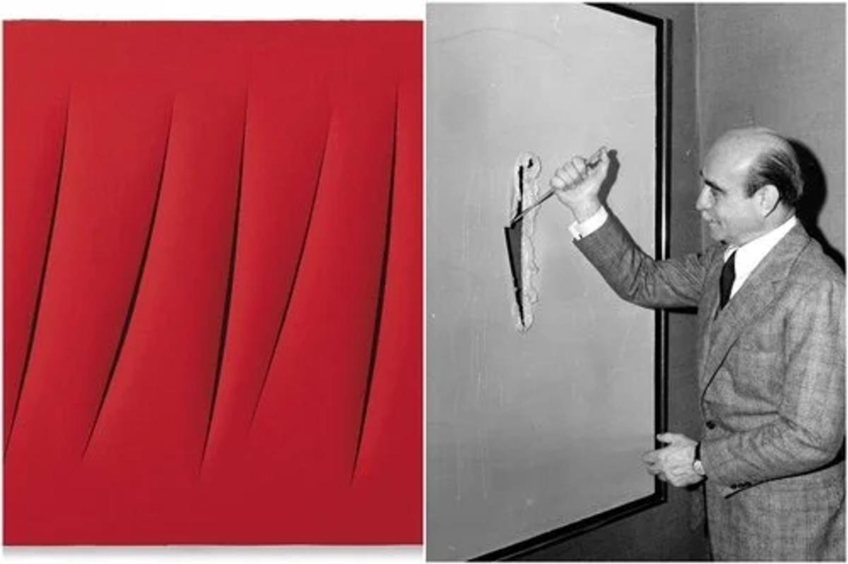  Lucio Fontana,  Concetto Spaziale : The physical incision breaks the tyranny of the flat plane, transforming canvas from a passive background into an architectural event. 