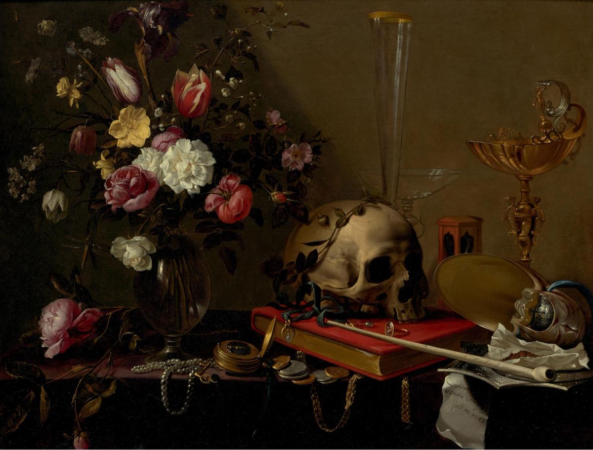 Adriaen van Utrecht, Vanitas Still-Life with a Bouquet, a Skull and Precious Objects, c.1642, oil on canvas