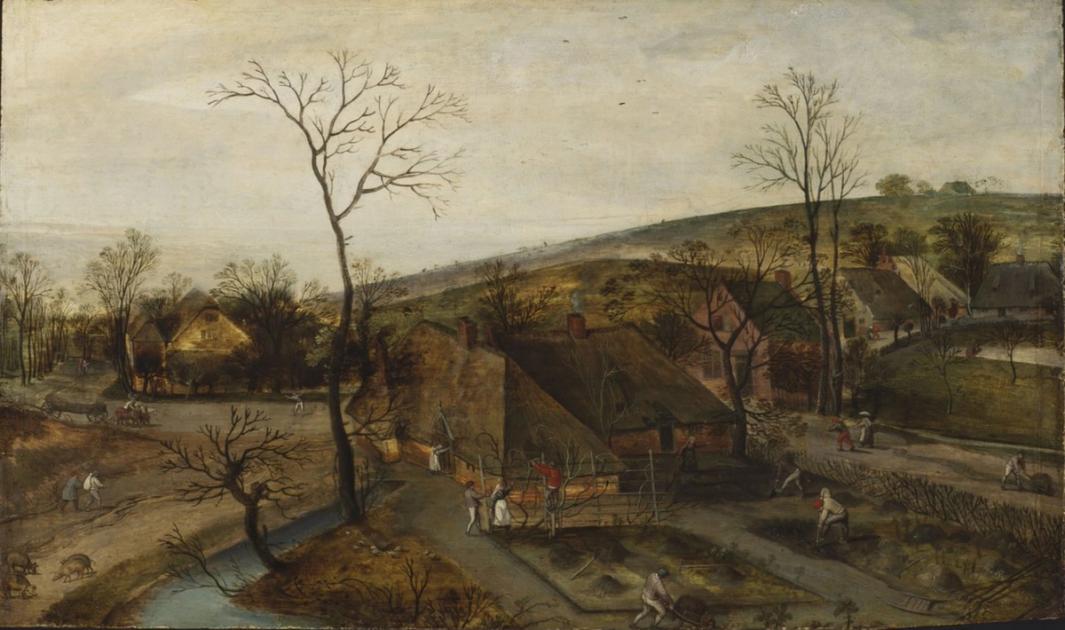 A sixteenth-century Flemish landscape of figures working and walking in a green spring countryside.