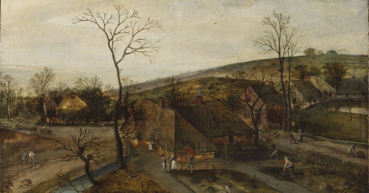 A sixteenth-century Flemish landscape of figures working and walking in a green spring countryside.