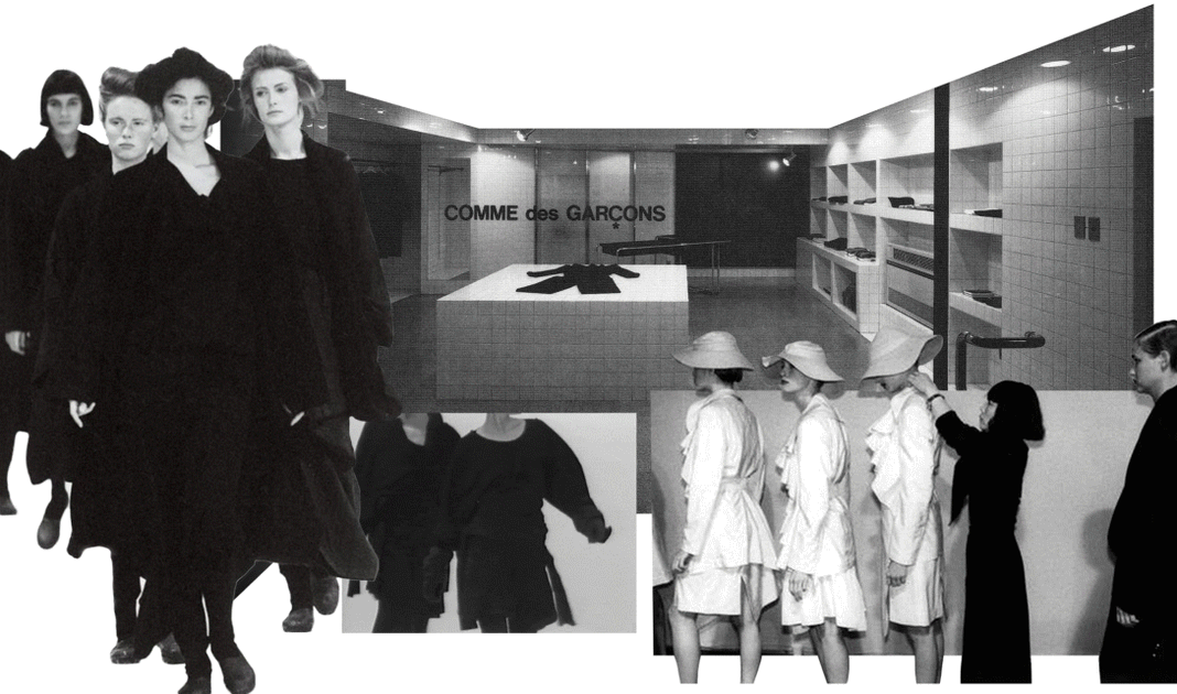 A composite of black and white fashion images: models in heavy black coats and hats walking forward, a Comme des Garcons store interior, and figures in pale layered garments.
