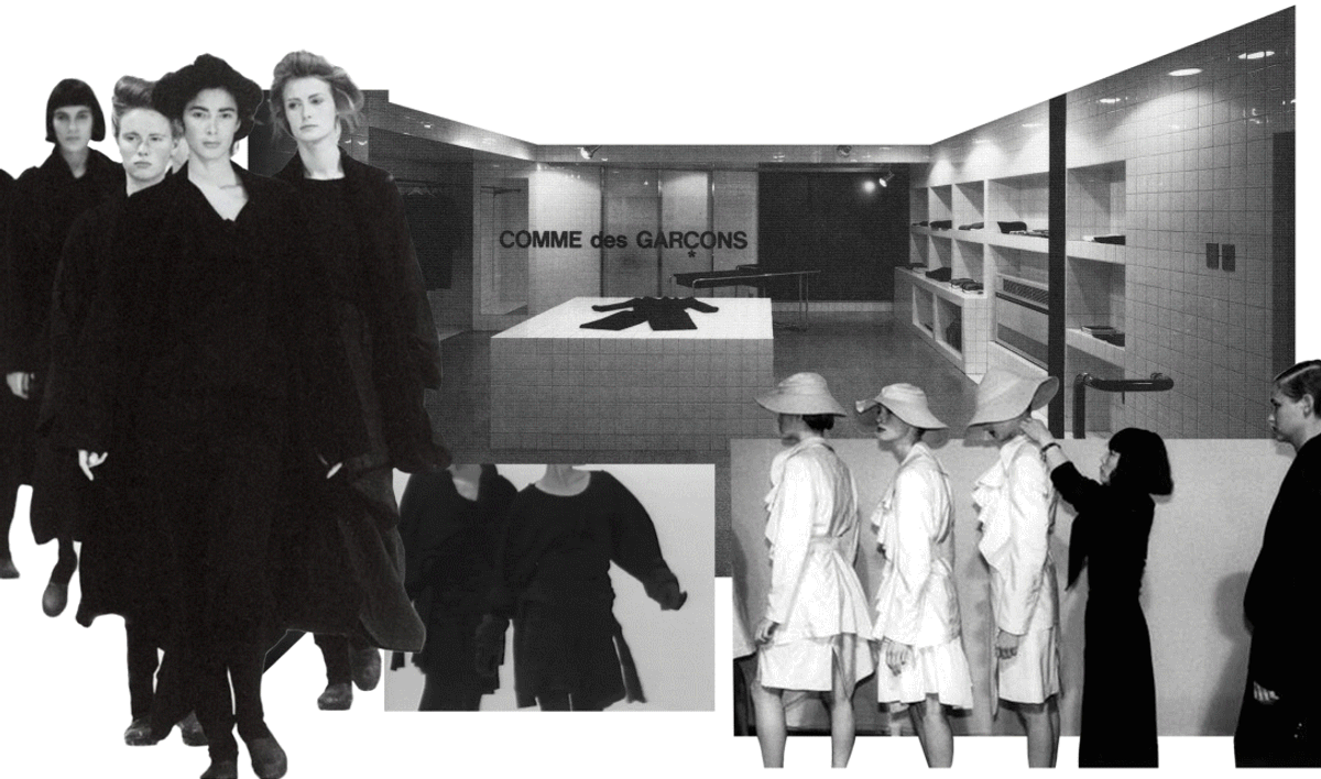 This collage encapsulates Rei Kawakubo's foundational aesthetic and retail philosophy, showcasing early Comme des Garçons collections and the stark, conceptual design of her boutiques.