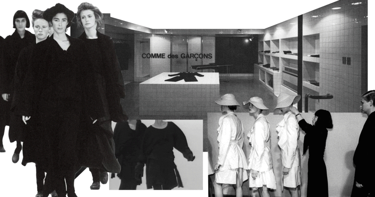 A composite of black and white fashion images: models in heavy black coats and hats walking forward, a Comme des Garcons store interior, and figures in pale layered garments.