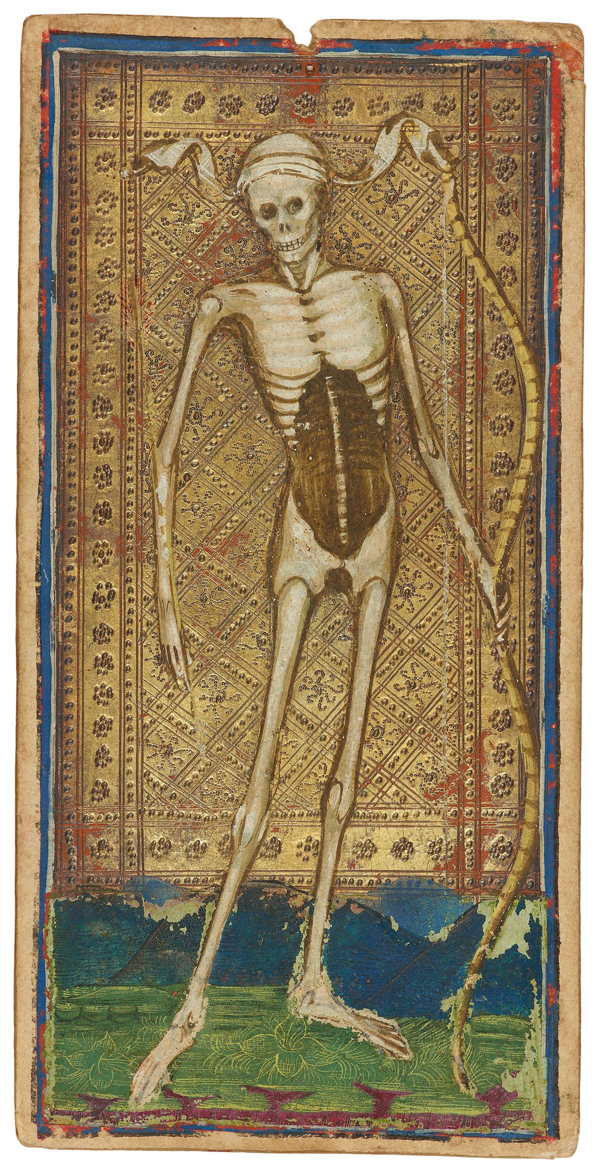 The Death trump card from the Visconti-Sforza tarot deck, ca. 1450-1480, hand-painted on vellum by Bonifacio Bembo for the Milanese court