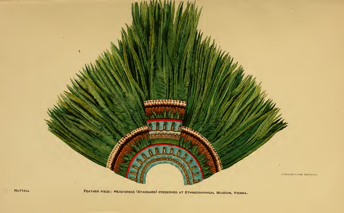 A colour lithograph of the feather object, printed in green, brown, turquoise and red, with a caption line beneath it.