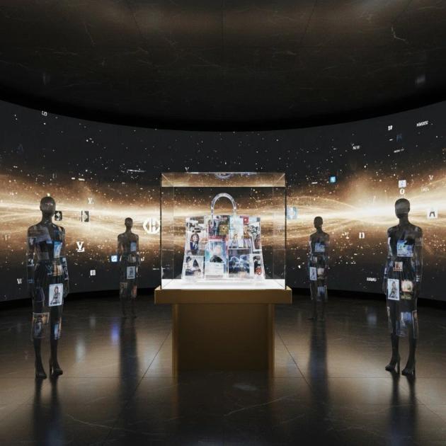 A dark curved exhibition room with a glowing starfield projection, a lit vitrine holding a handbag at the centre and translucent mannequin figures standing around it.