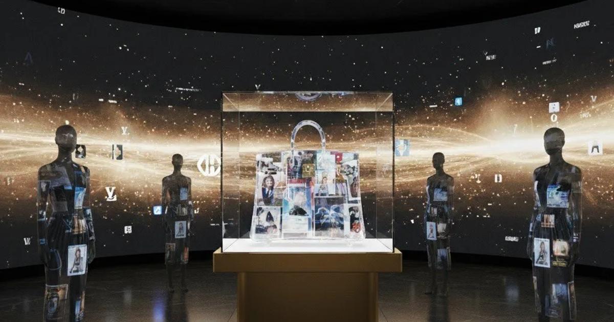 A dark curved exhibition room with a glowing starfield projection, a lit vitrine holding a handbag at the centre and translucent mannequin figures standing around it.