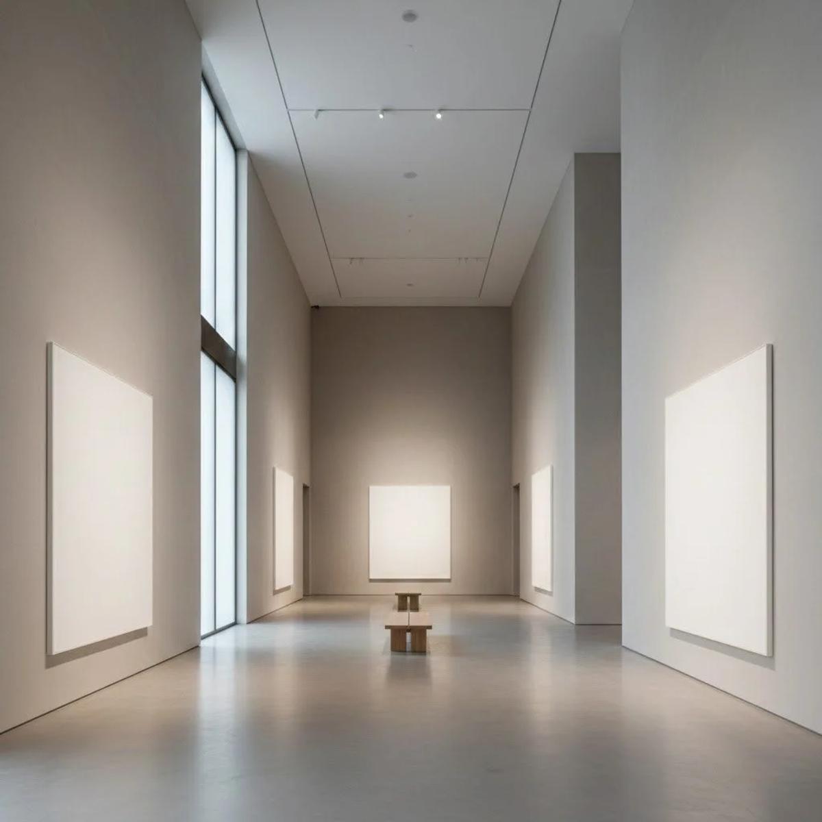 A long empty white gallery corridor with tall windows down one side, blank white panels on the walls and a single low bench on the floor.