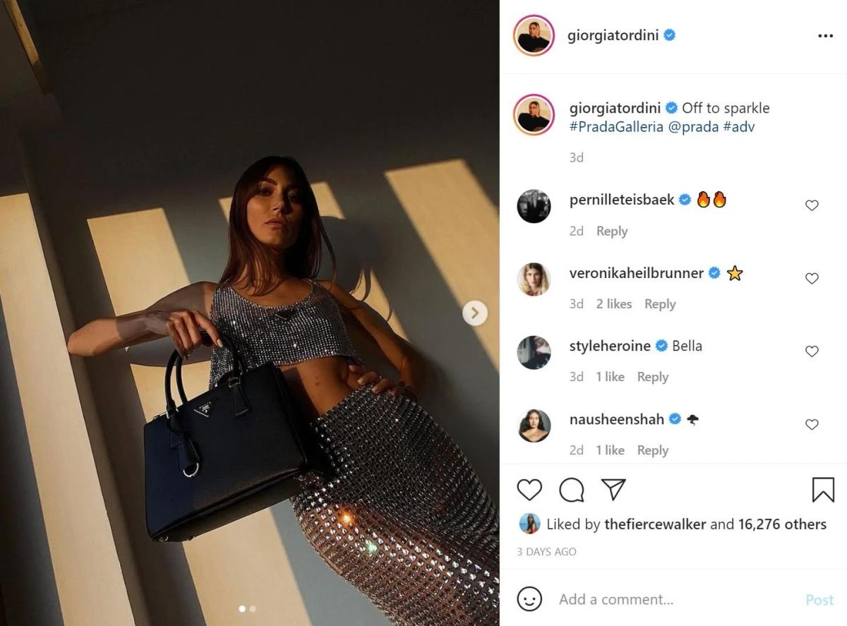 The influencer economy generates a closed loop of simulated desire. Here, a luxury handbag appears as a prop in a constructed hyperreality of effortless glamour, explicitly marked as an advertisement (#adv). Consumption is driven not by the object's function, but by the desire to enter the simulated world the image represents.