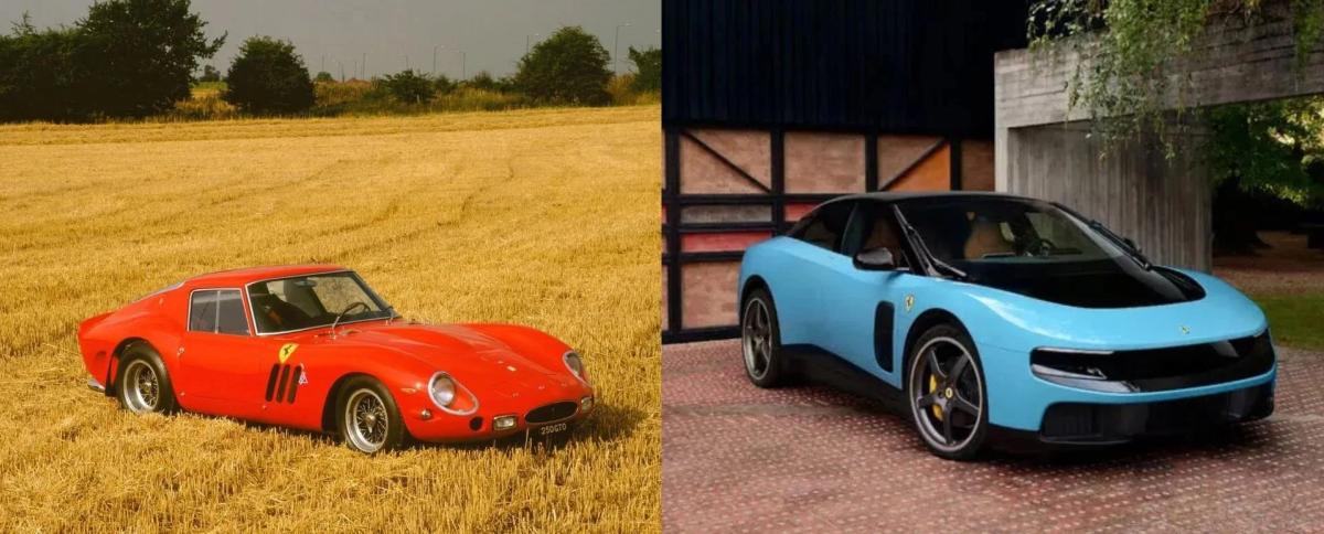 A stark study in luxury bifurcation: the 1962 Ferrari 250 GTO (left) is an uncompromised expression of physical force dictating form, built by craftsmen answering directly to mechanical necessity. Conversely, the 2026 Ferrari Luce (right) in Azzurro La Plata reinterprets the brand through the lens of product-system optimization, exchanging the historical excess of the combustion engine for the smooth, frictionless envelope of an interface-first era.
