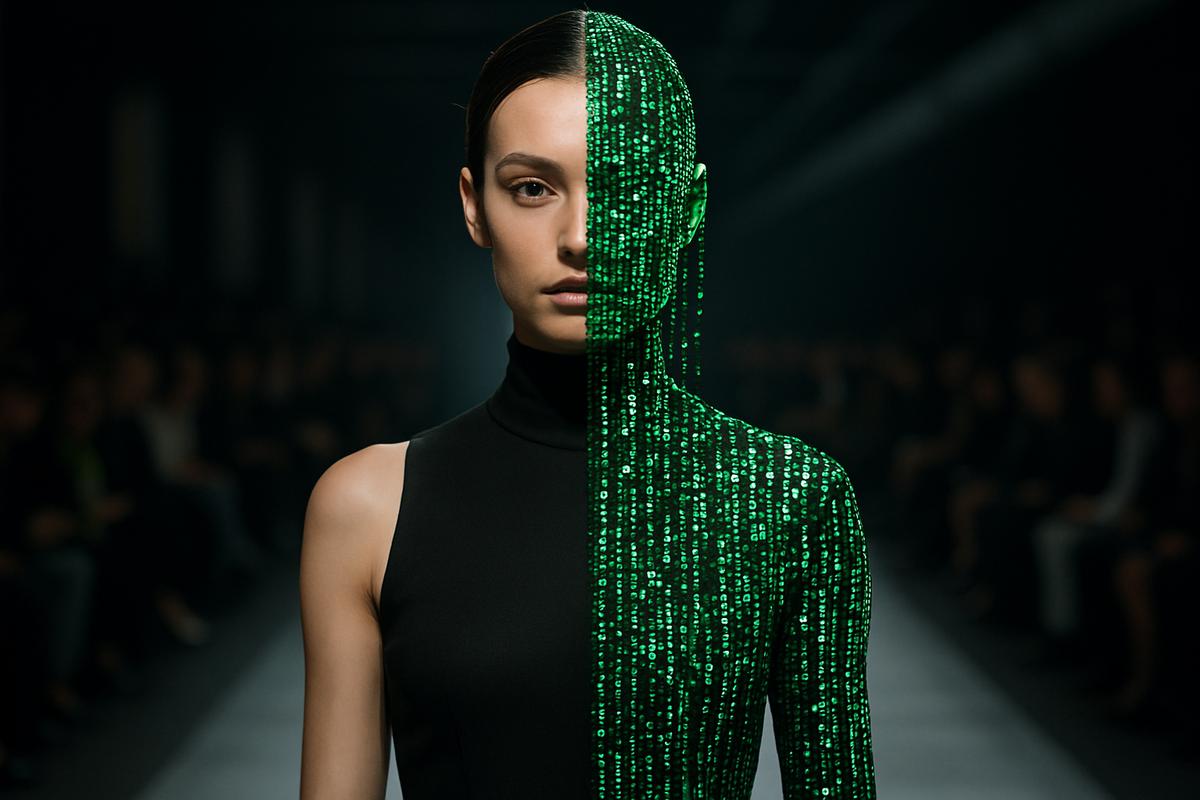 A model on a runway in a black high necked bodysuit, one side of the head and body overlaid with a cascade of small green digital characters.