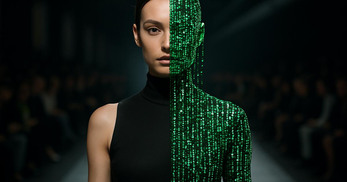 A model on a runway in a black high necked bodysuit, one side of the head and body overlaid with a dense cascade of small green digital characters.