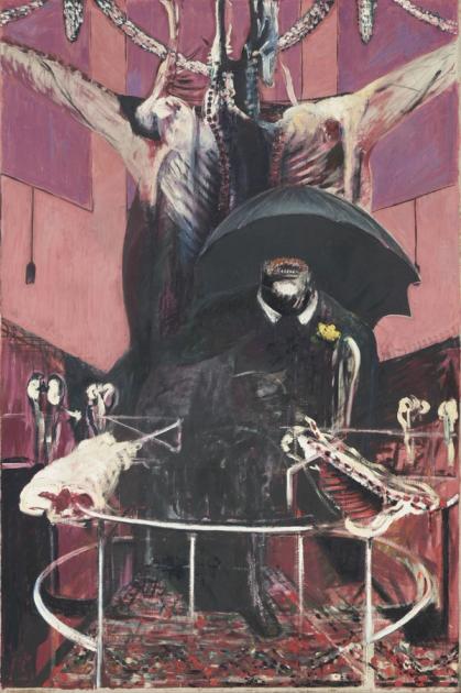 Francis Bacon's Painting of 1946: a dark-suited figure with a grimacing mouth under a black umbrella, a hanging carcass spread above him, on a pink and red ground behind a curved tubular rail.