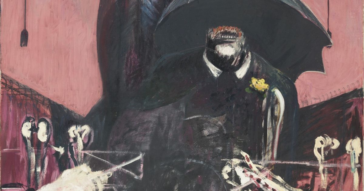 Francis Bacon's Painting of 1946: a dark-suited figure with a grimacing mouth under a black umbrella, a hanging carcass spread above him, on a pink and red ground behind a curved tubular rail.