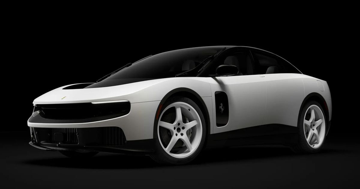 Ferrari Luce Chassis 0 shown three quarters from the front against a black background, a four door electric grand tourer in pearl Madreperla white with a black roof and white five spoke wheels.