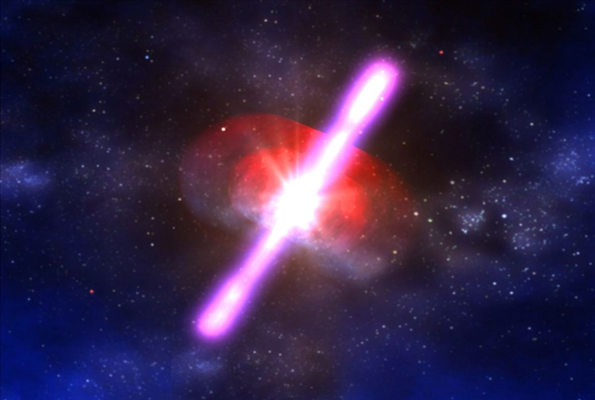 An illustration of a gamma-ray burst: a brilliant white core with magenta jets firing in opposite directions through a red shell, against a field of stars.