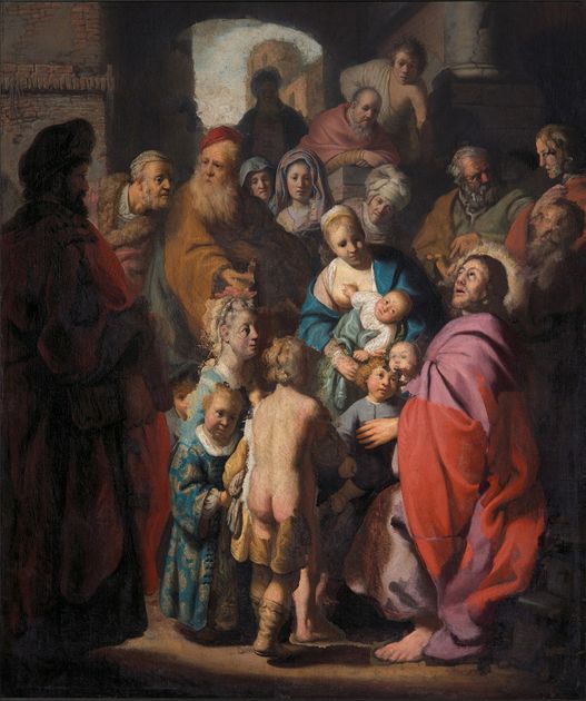 A crowded interior scene with a robed figure in red at the right receiving children, a nude child standing in the foreground, a turbaned man at the left, and onlookers in an archway behind.