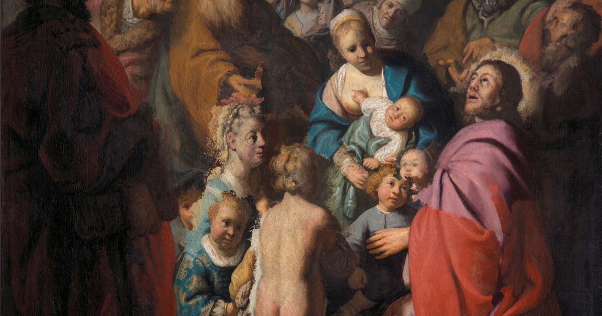 A crowded interior scene with a robed figure in red at the right receiving children, a nude child standing in the foreground, a turbaned man at the left, and onlookers in an archway behind.