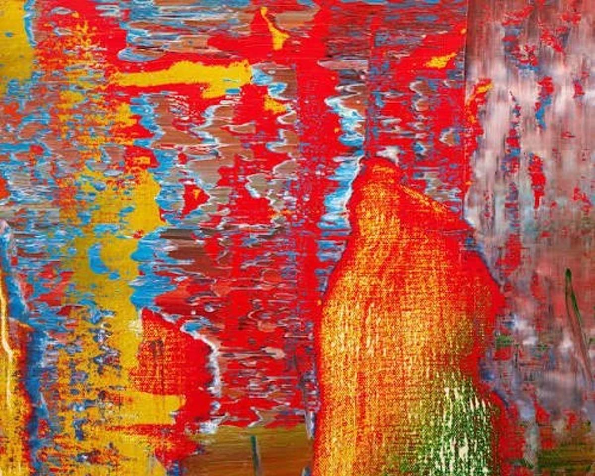 A large abstract painting of dragged and scraped paint in red, yellow, blue and green, the layers pulled sideways across the canvas.