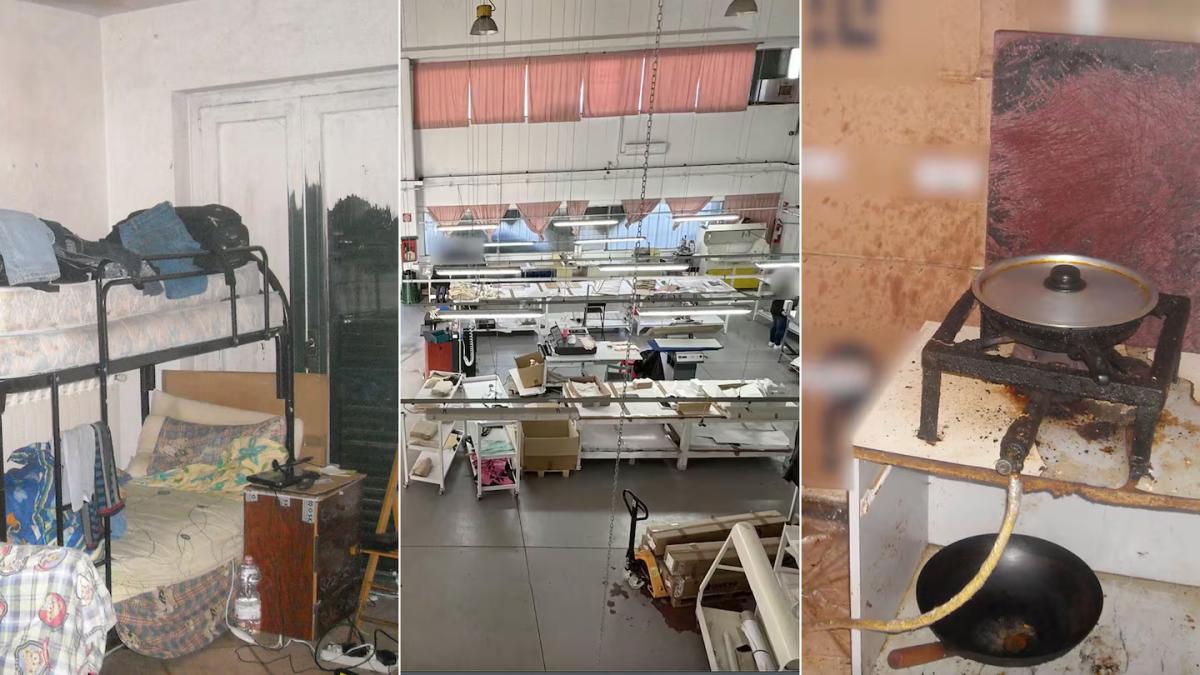 Three interiors side by side: a bare room with a bunk frame and boxes, a long workshop of sewing benches, and a burner with a curved metal pipe and pan.