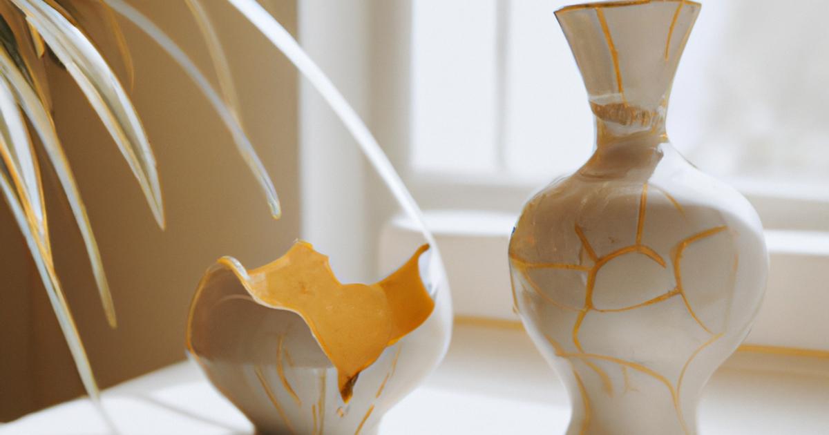 A pale ceramic vase and a broken bowl repaired with gold seams along the cracks, arranged on a white surface beside scattered shards and a trailing plant.