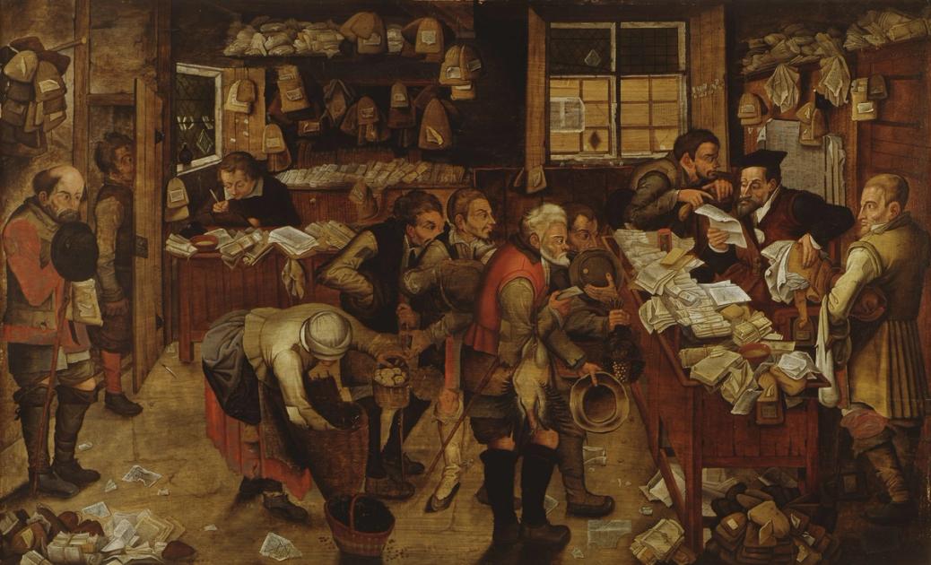 A crowded lawyer's office in a Flemish painting, every surface stacked with papers, documents and bundles.