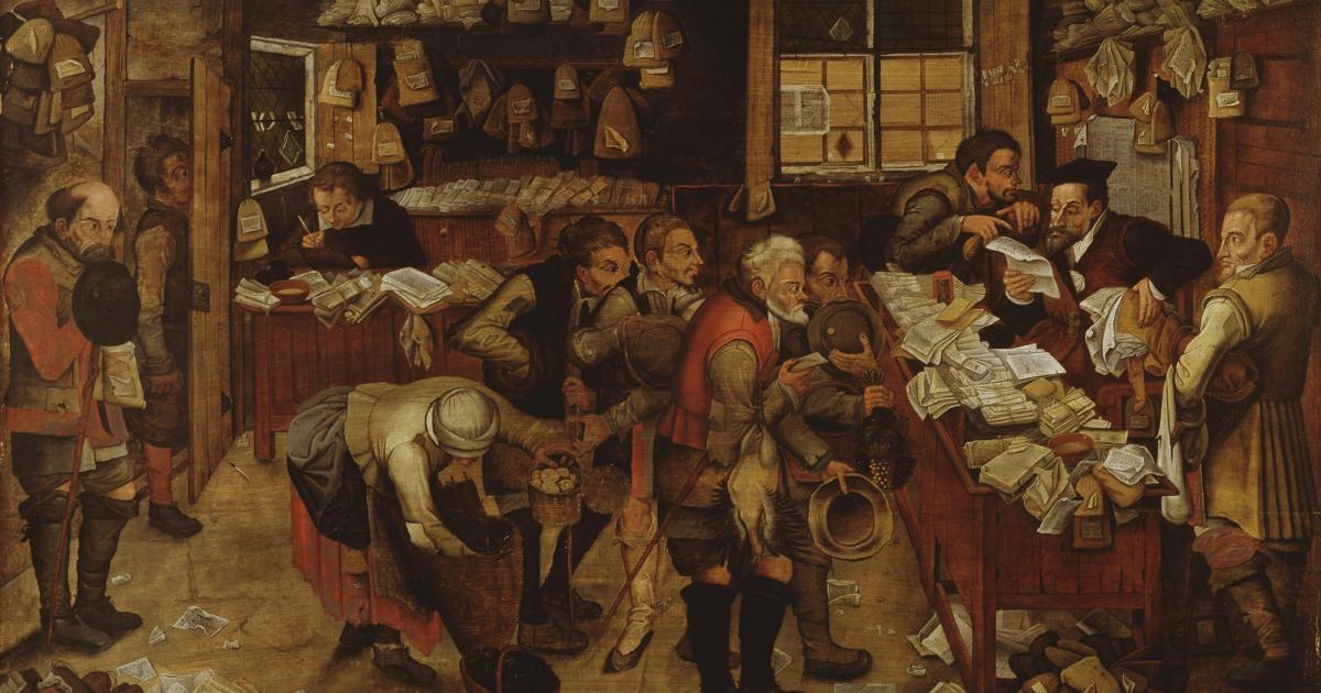 A crowded lawyer's office in a Flemish painting, every surface stacked with papers, documents and bundles.