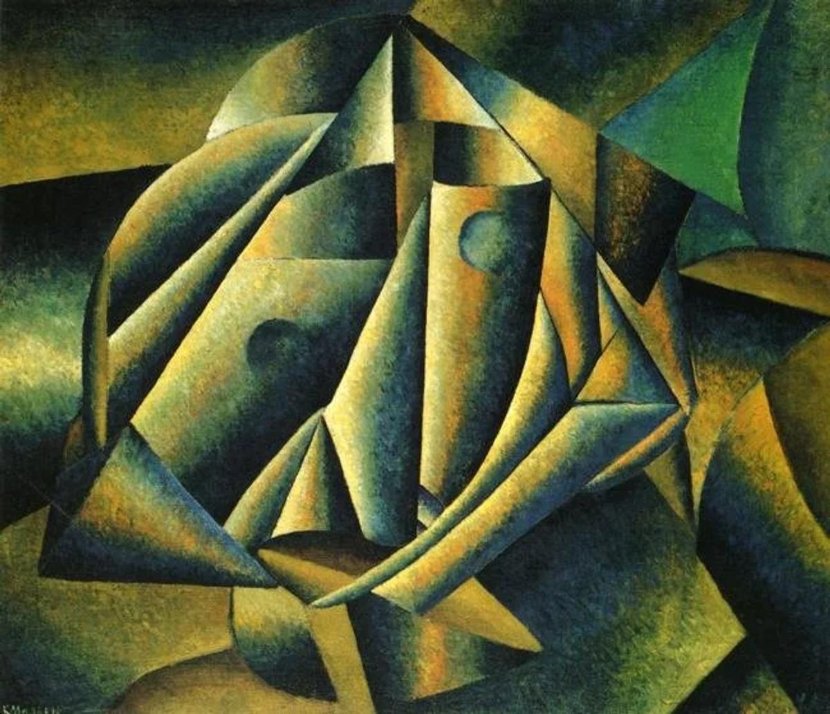 A cubist painting of a head broken into faceted planes in green, ochre and blue, the features abstracted into overlapping angular shapes.