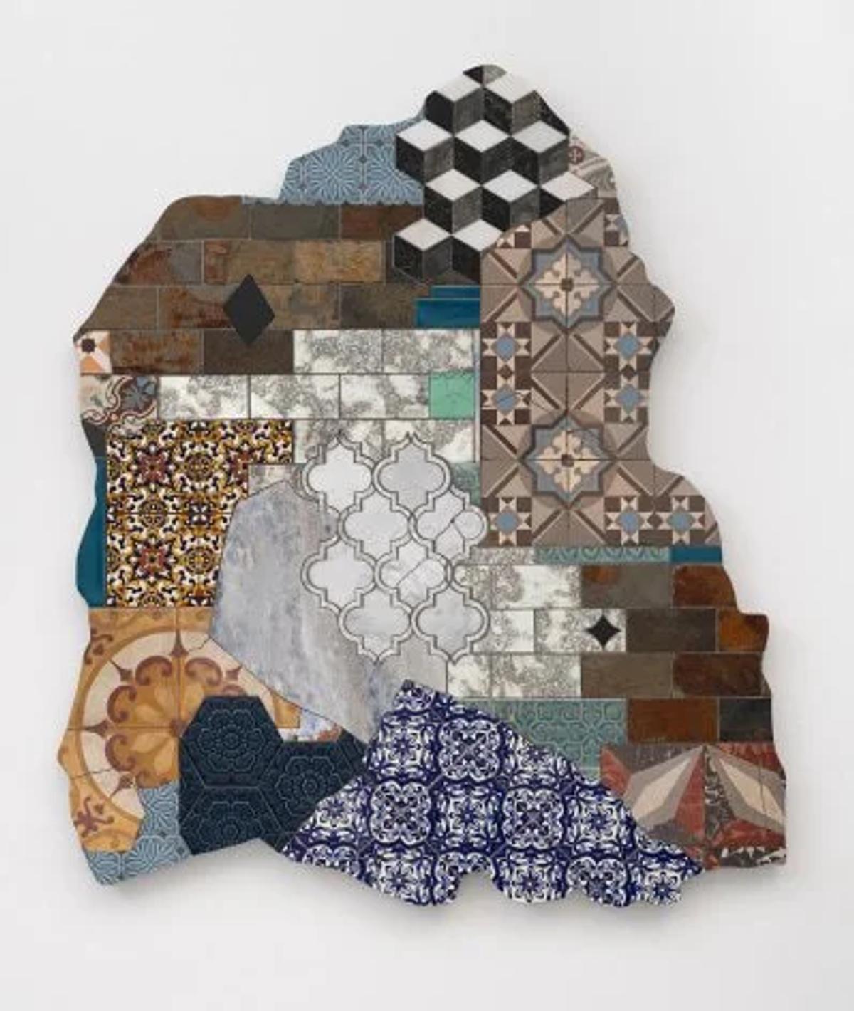Material Analogy: Carlos Rolón’s reassembled losa isleño tiles mirror the process of taking fragmented, dispersed Dark Matter labor and painstakingly crafting it into a cohesive, politically resistant framework.