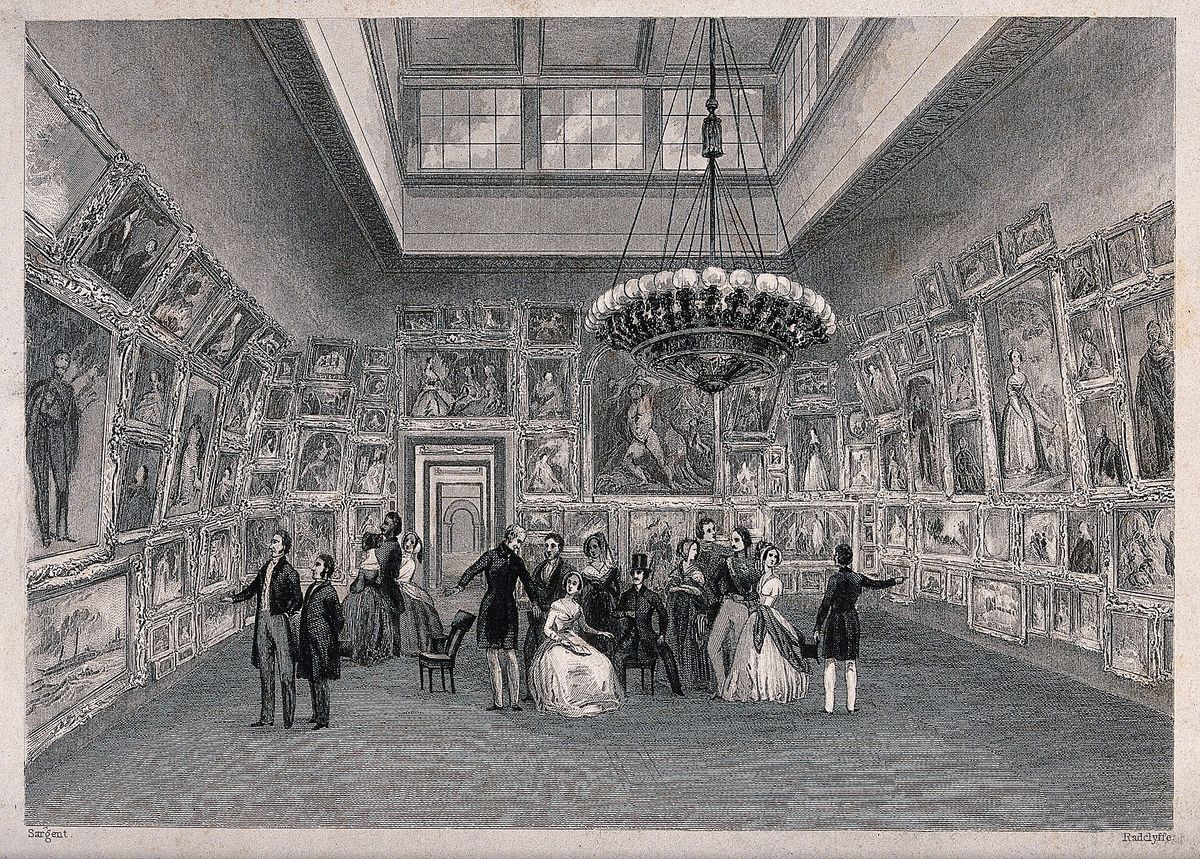 A nineteenth century engraving of a picture gallery hung salon style from floor to cornice, with small anonymous figures looking at the paintings.